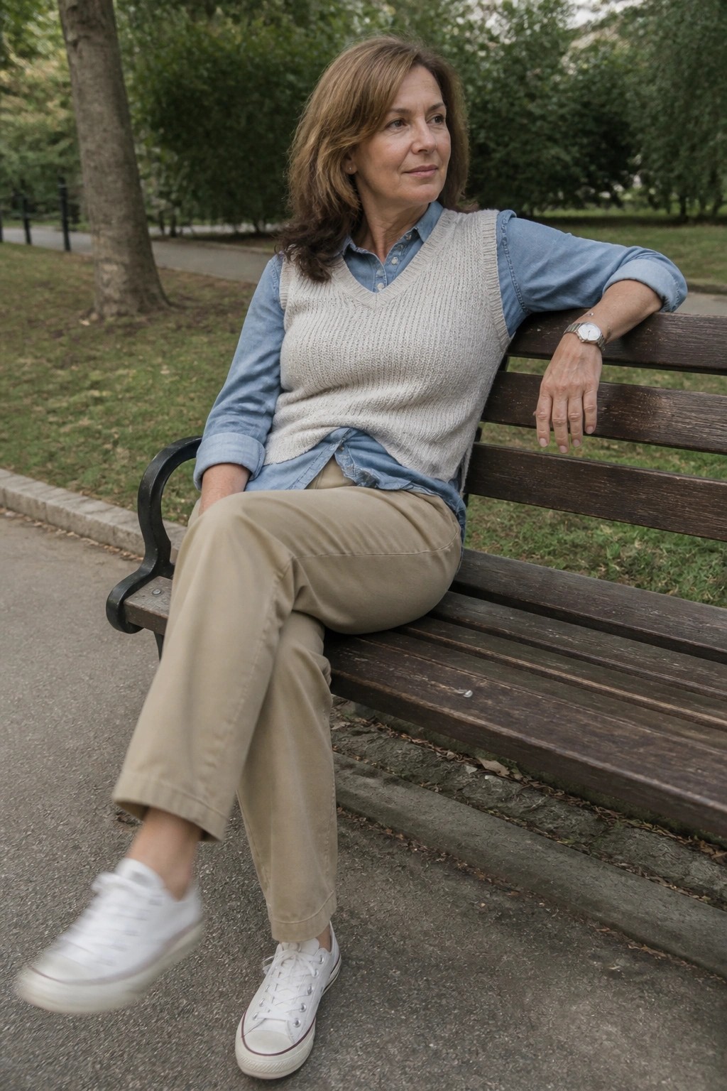 Woman in beige knit vest and blue shirt relaxes on wooden park bench in sneakers