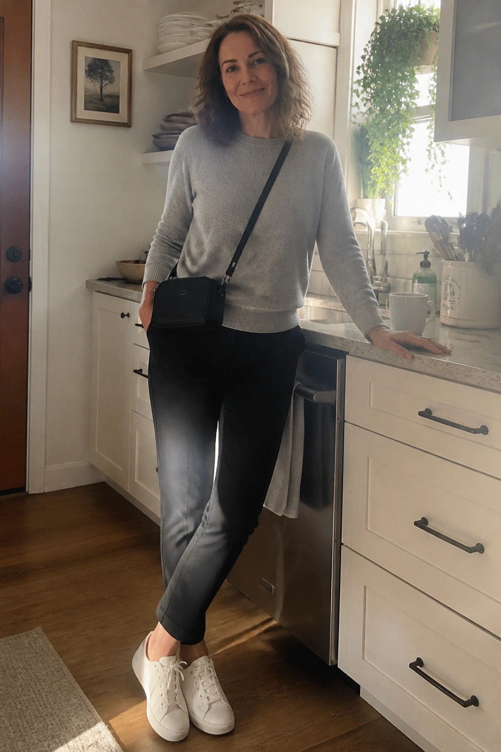 Woman in light gray sweater and black pants leaning on white kitchen counter with crossbody bag