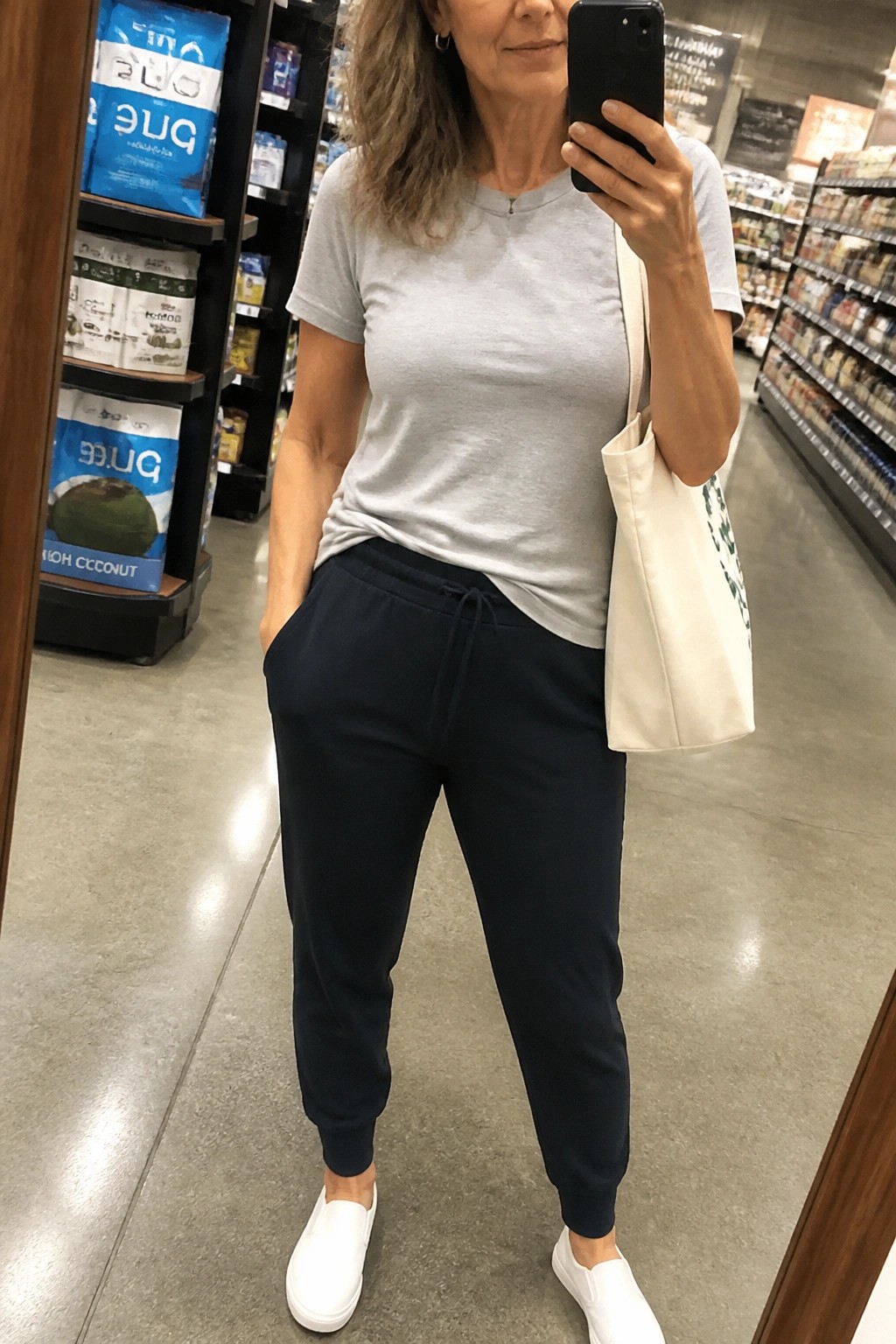 Woman in gray t-shirt and navy joggers holding phone in grocery aisle with tote bag.
