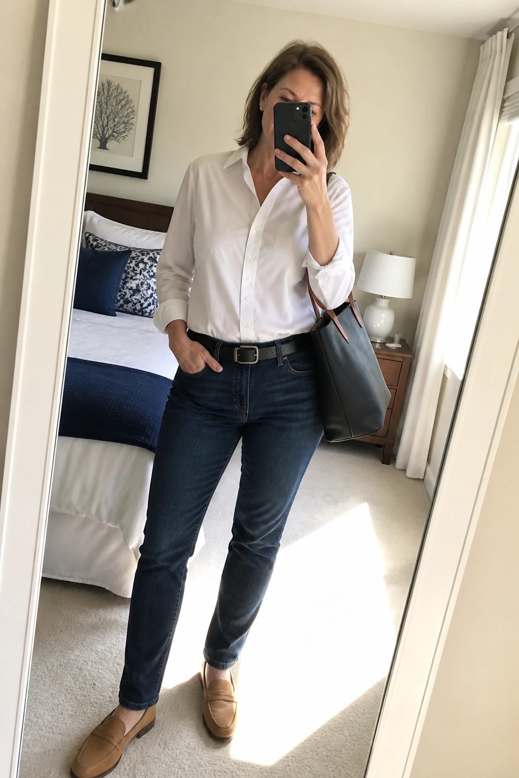 Woman in white shirt and blue jeans taking mirror selfie in bedroom with handbag