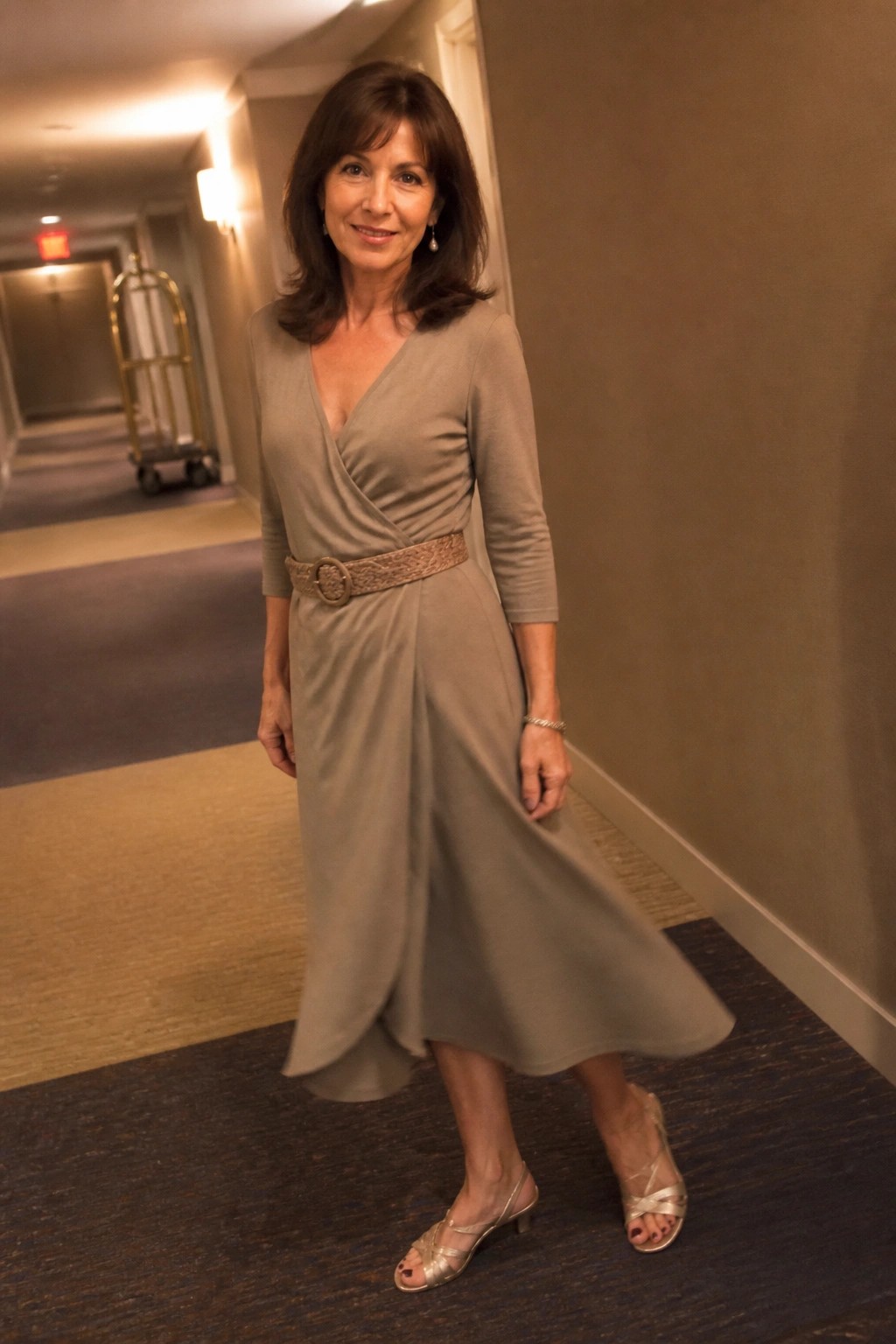 Woman in beige wrap dress and gold heels in hotel hallway