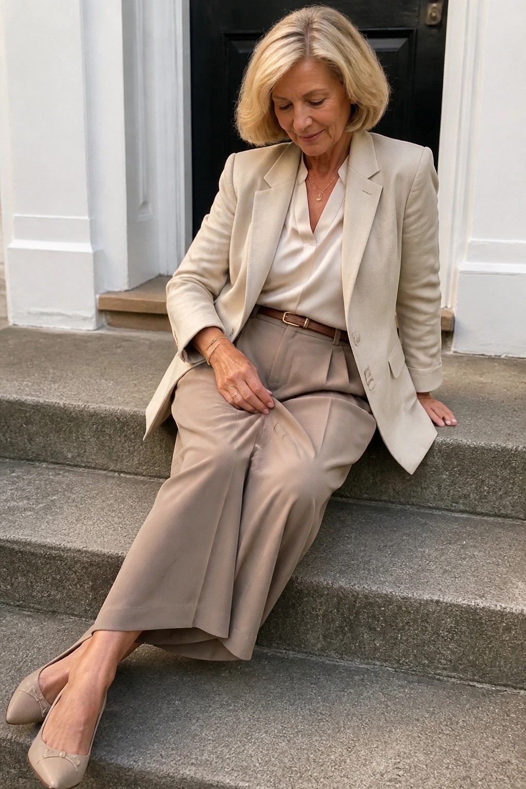 Blonde woman in beige blazer and taupe pants seated on stone steps
