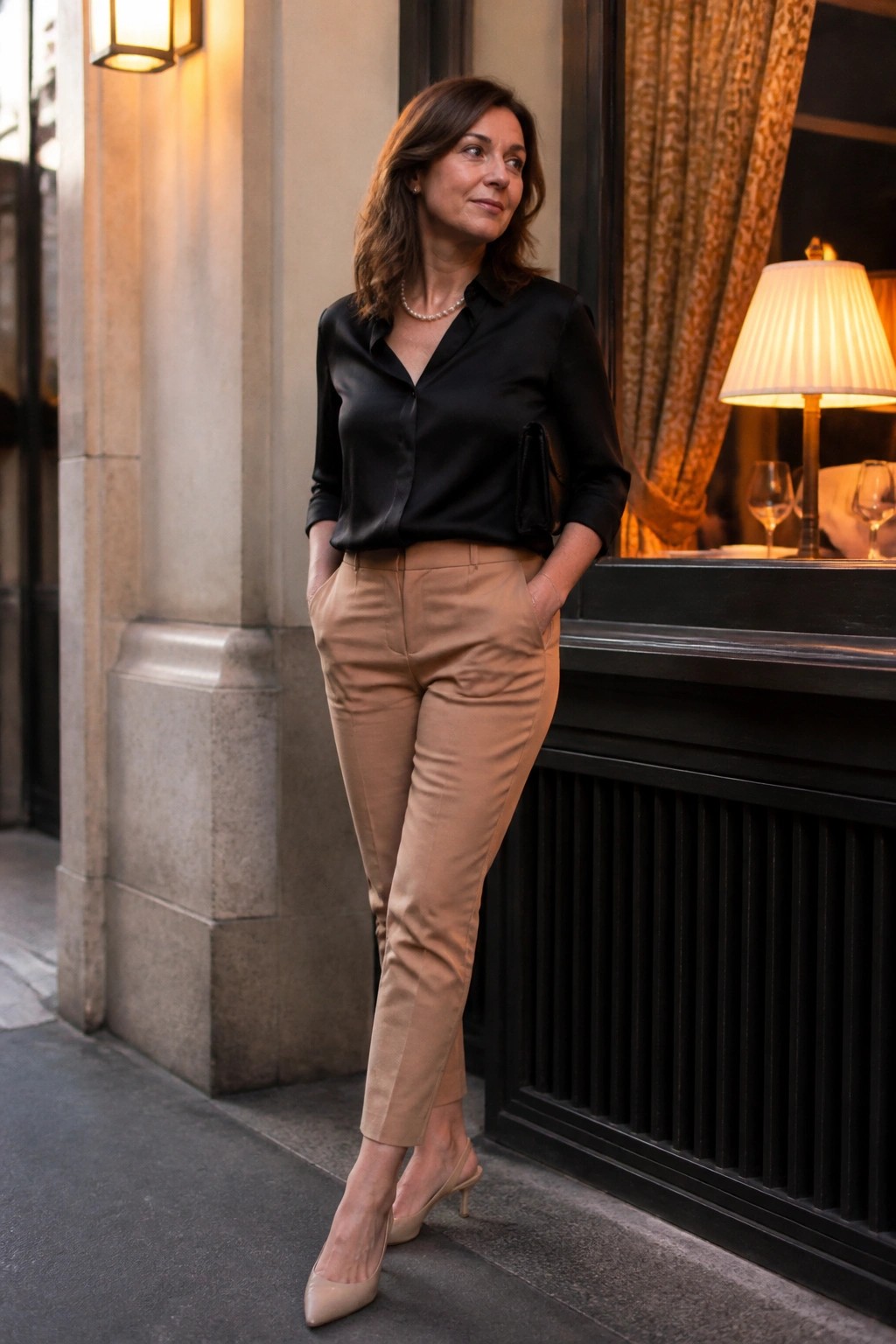 Woman in black blouse and beige pants leaning by restaurant window at night.