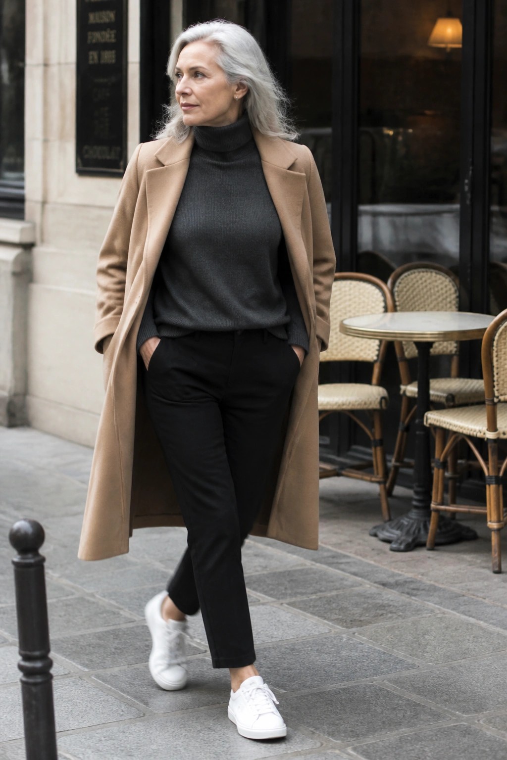Woman over 50 wearing long camel coat over dark gray turtleneck sweater with black pants and white sneakers standing outdoors with hands in pockets