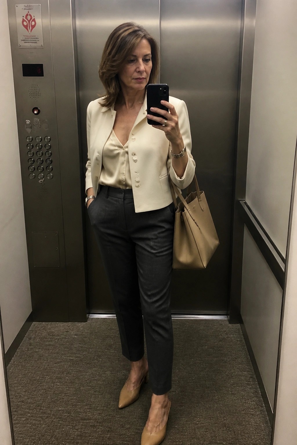 Woman in cream blazer and gray pants taking selfie in elevator.