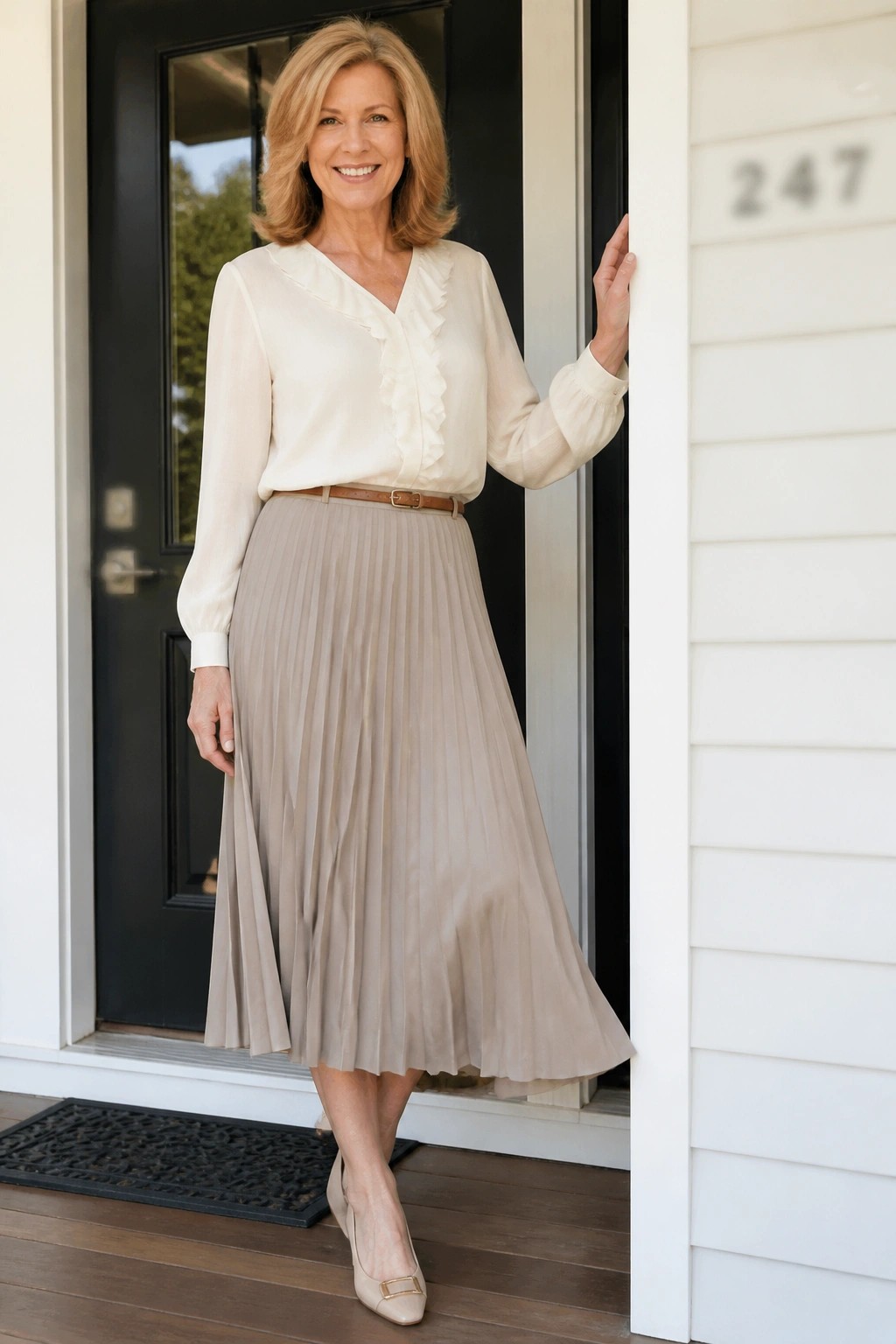 Smiling blonde woman in cream ruffled blouse and beige pleated skirt at doorway