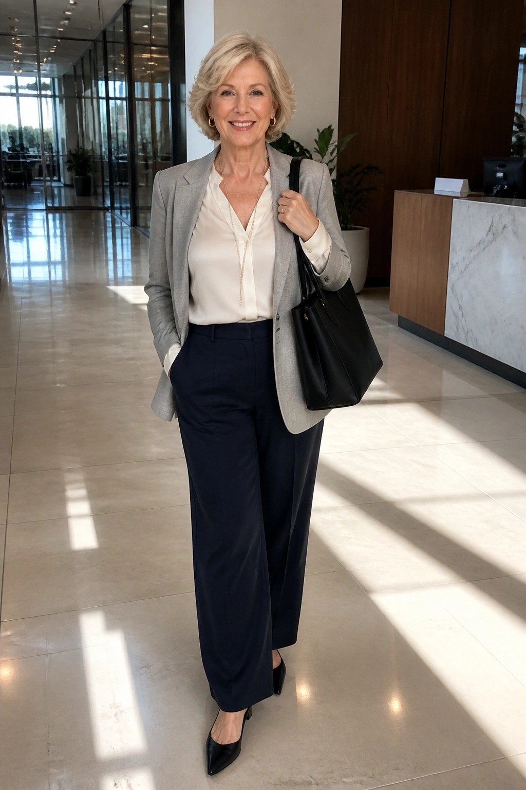 Smiling older woman in gray blazer, white blouse, and navy pants holding black handbag in modern lobby