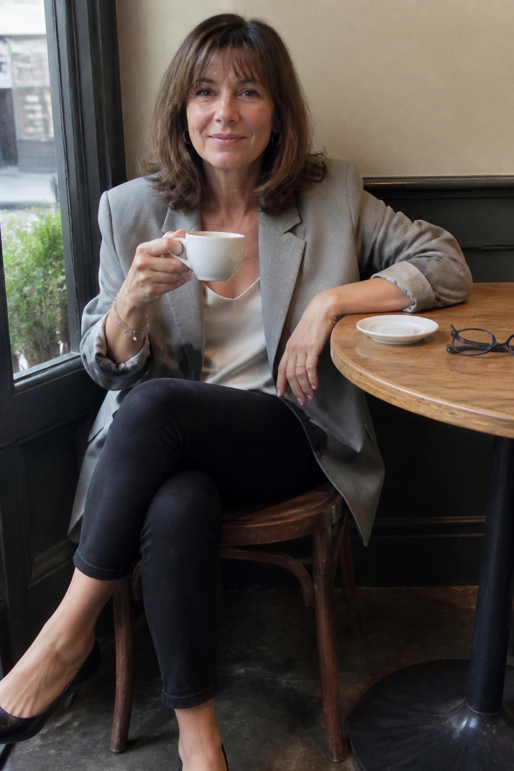 Woman in gray blazer holding white cup at wooden cafe table