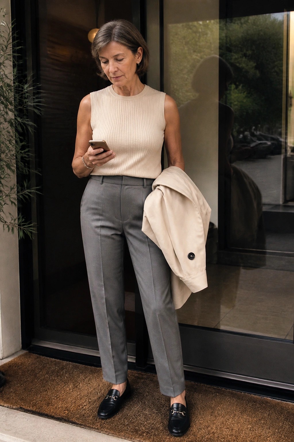 Woman in beige sleeveless top and gray pants views phone, beige jacket draped over arm.