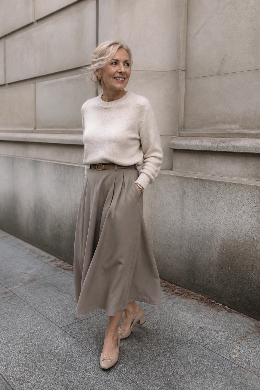 Smiling older woman in cream sweater and pleated taupe skirt by stone wall