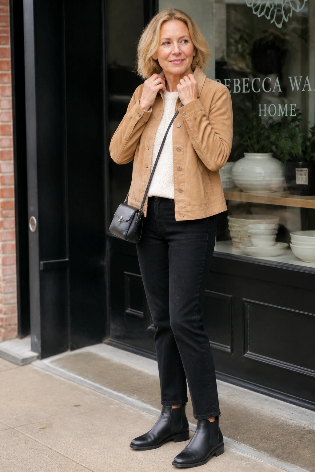 Blonde woman in tan suede jacket, white sweater, black jeans, and boots by storefront.