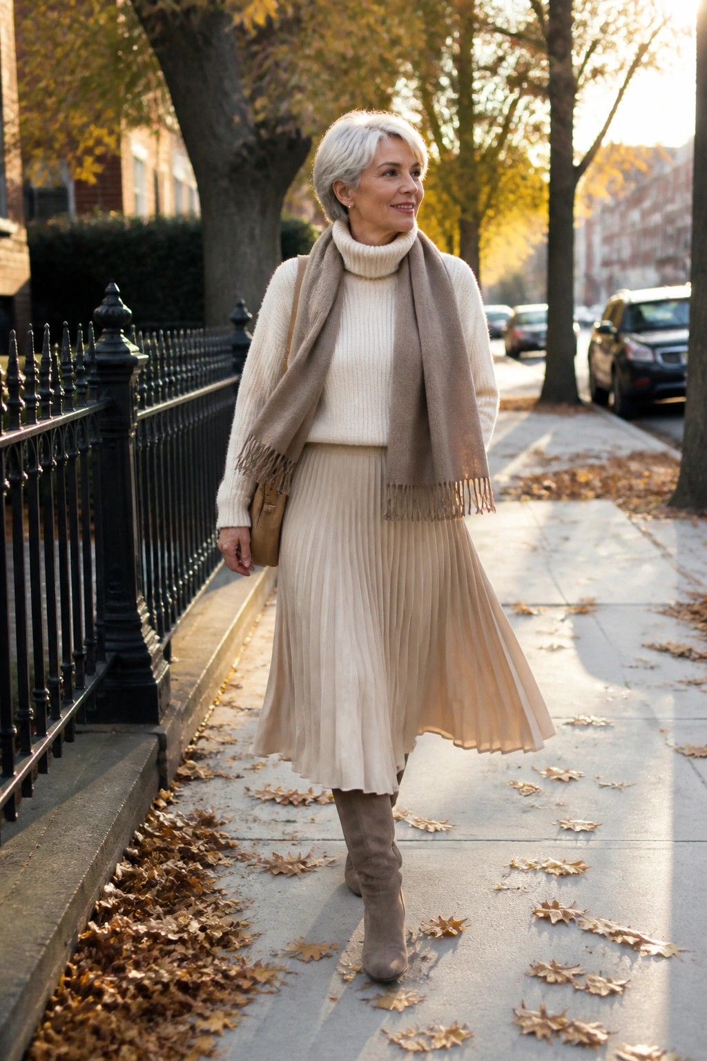 Elegant woman in cream turtleneck, beige scarf, and pleated skirt on autumn sidewalk