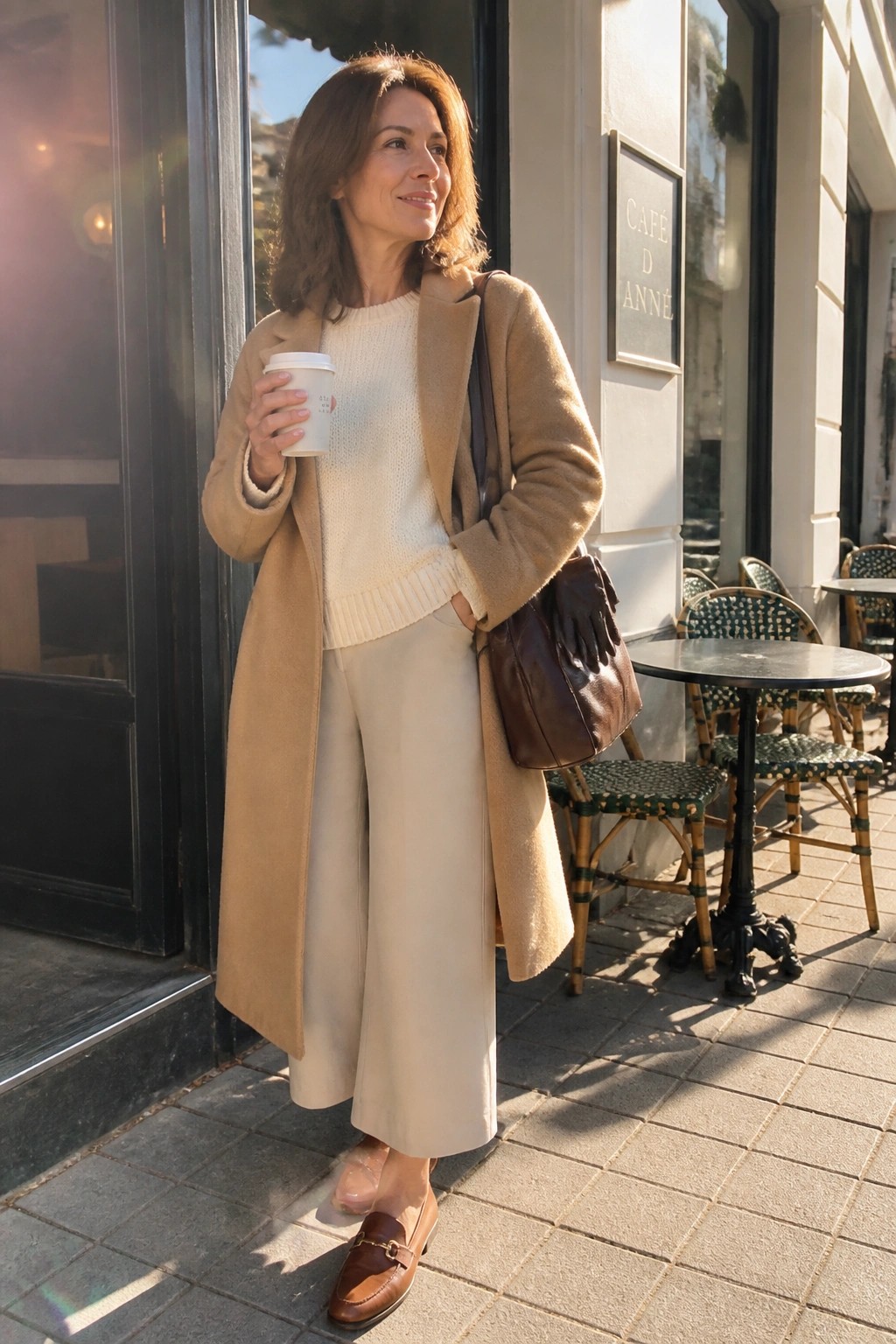 Woman over 50 wearing a long camel coat over a cream knit sweater and beige wide leg pants with brown loafers and a brown leather bag, holding a coffee cup outdoors.