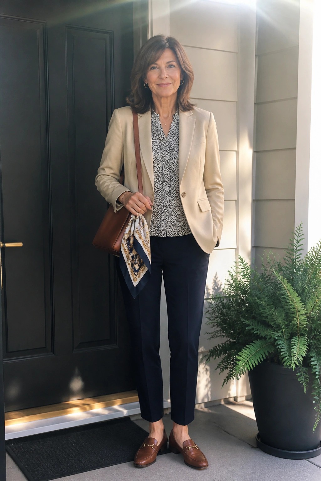 Woman in beige blazer over patterned top, navy pants, brown loafers by fern plant