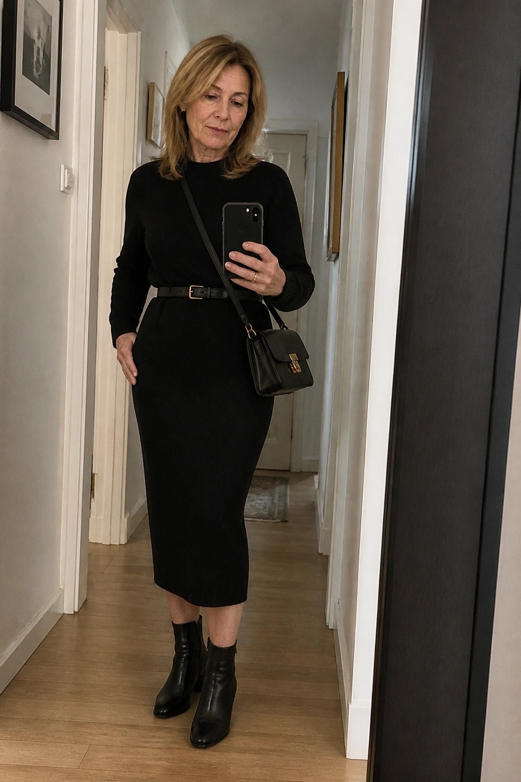 A woman over 50 in a fitted black ribbed knit midi dress cinched with a black belt featuring a gold buckle, paired with black leather ankle boots and a small black crossbody bag with gold hardware, holding a smartphone.