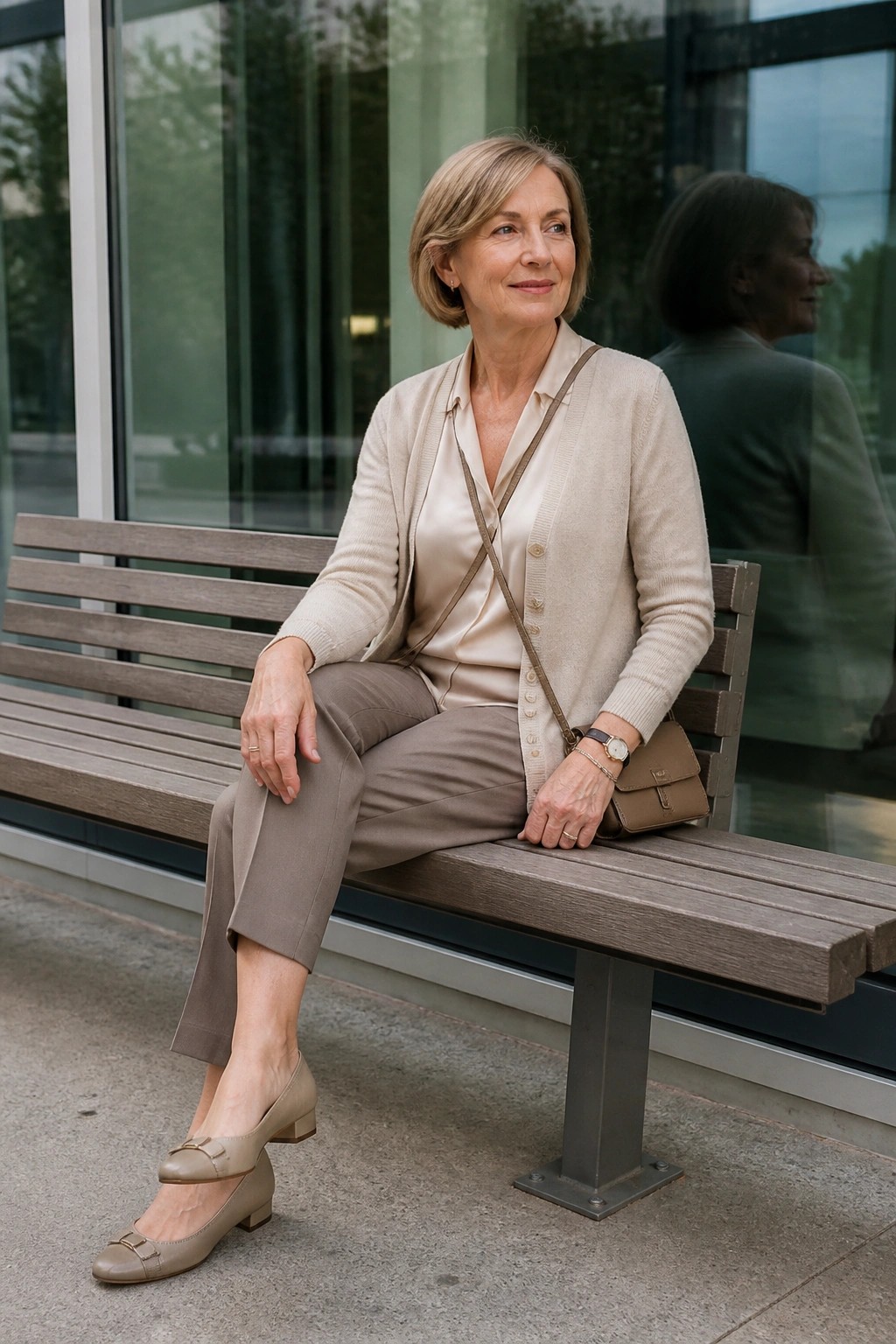 Older woman in beige cardigan and taupe pants seated on wooden bench with handbag.