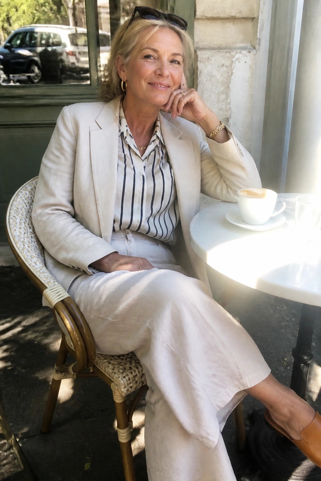 Woman wearing cream blazer over striped button down shirt with matching wide leg pants and brown flat shoes in a neutral work outfit.