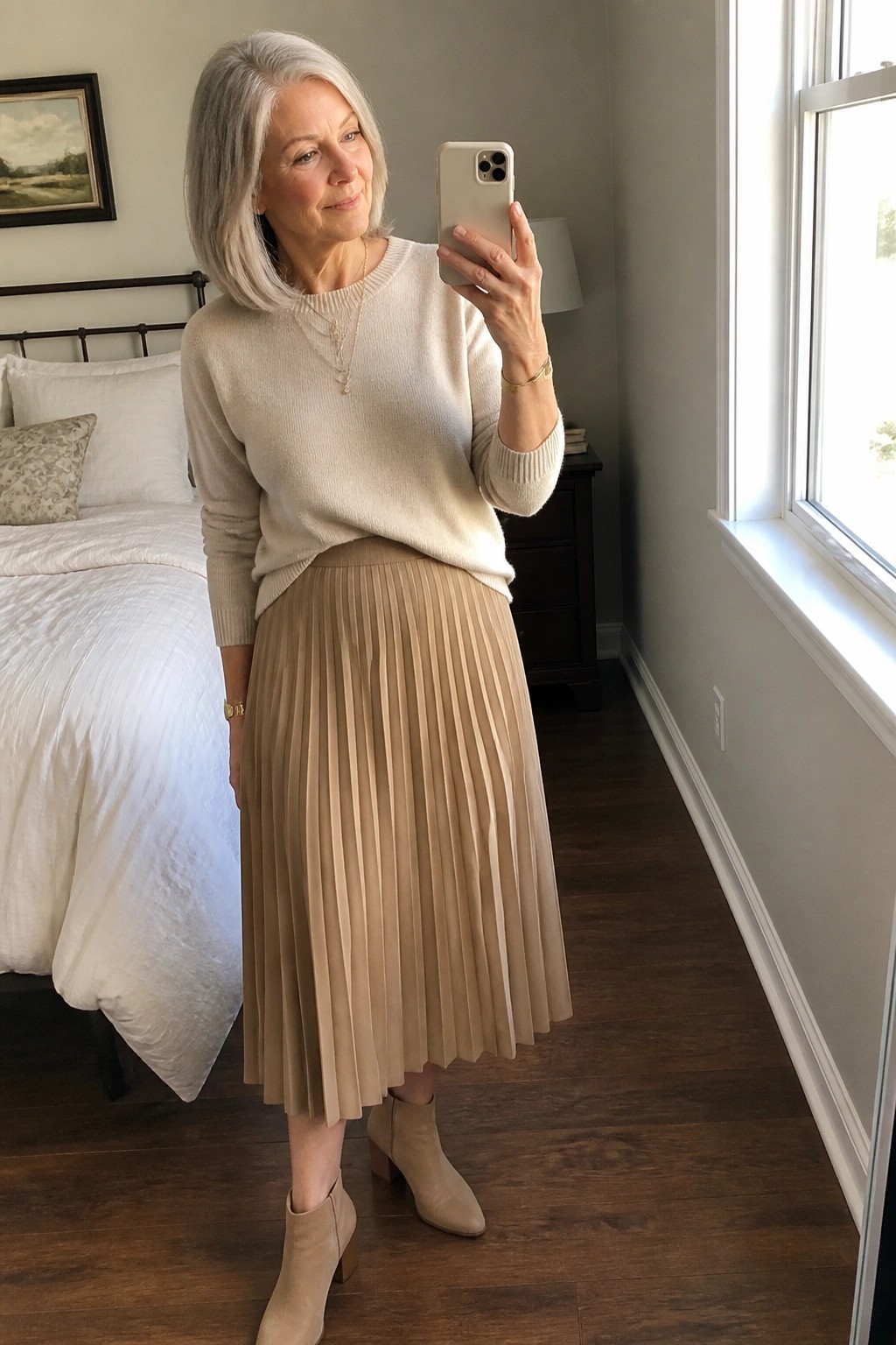 Gray-haired woman in cream sweater and beige pleated skirt taking mirror selfie in bedroom