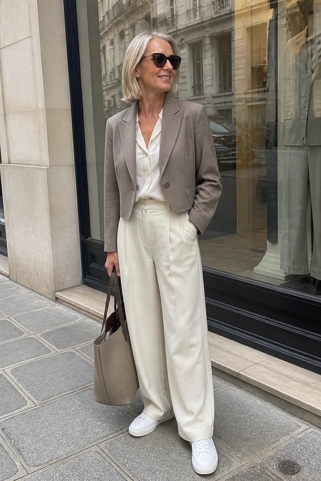 Elegant woman in taupe cropped blazer, white blouse and wide cream trousers with tote bag