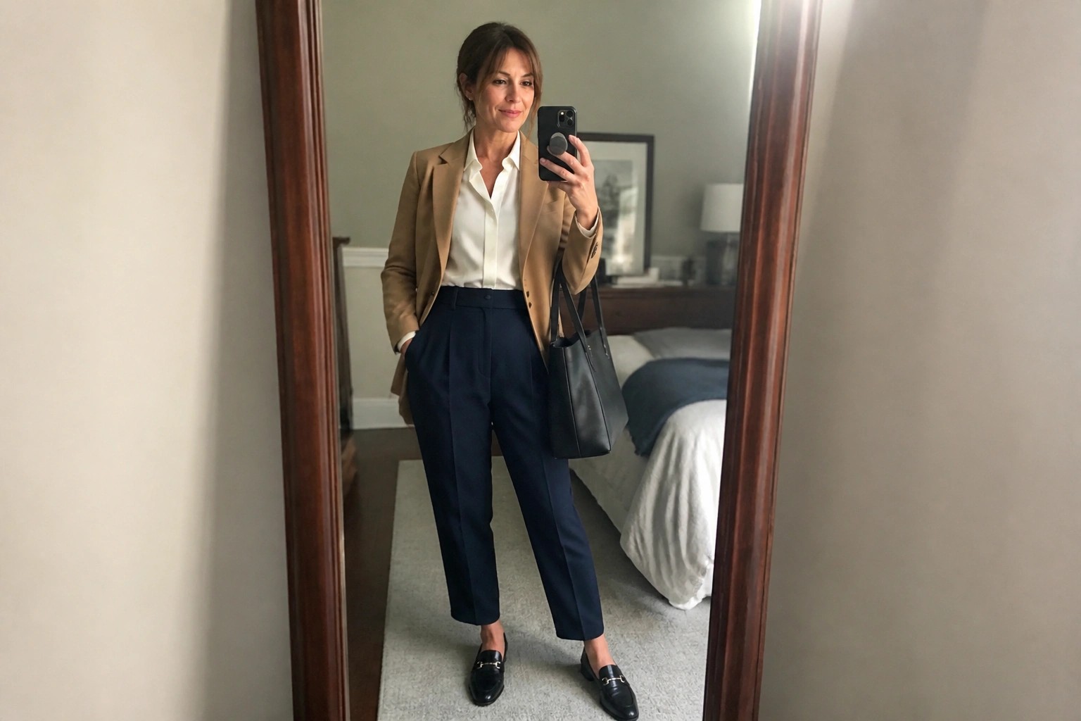 Woman in tan blazer and navy pants taking mirror selfie with leather tote bag