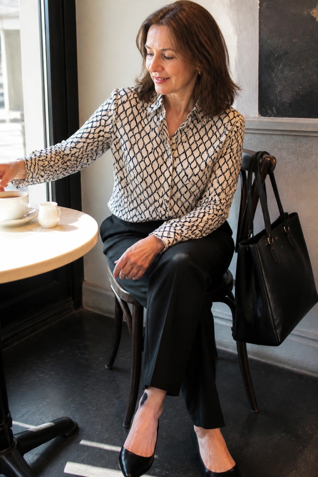 Woman in geometric-print blouse reaches for coffee at cafe table with black tote.