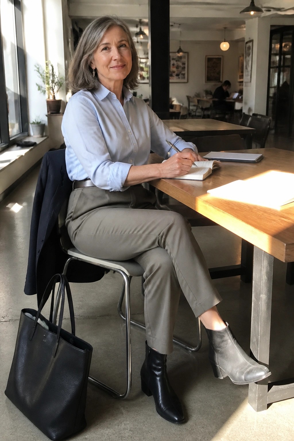 Woman with gray hair in blue shirt writing at sunlit wooden cafe table with black bag