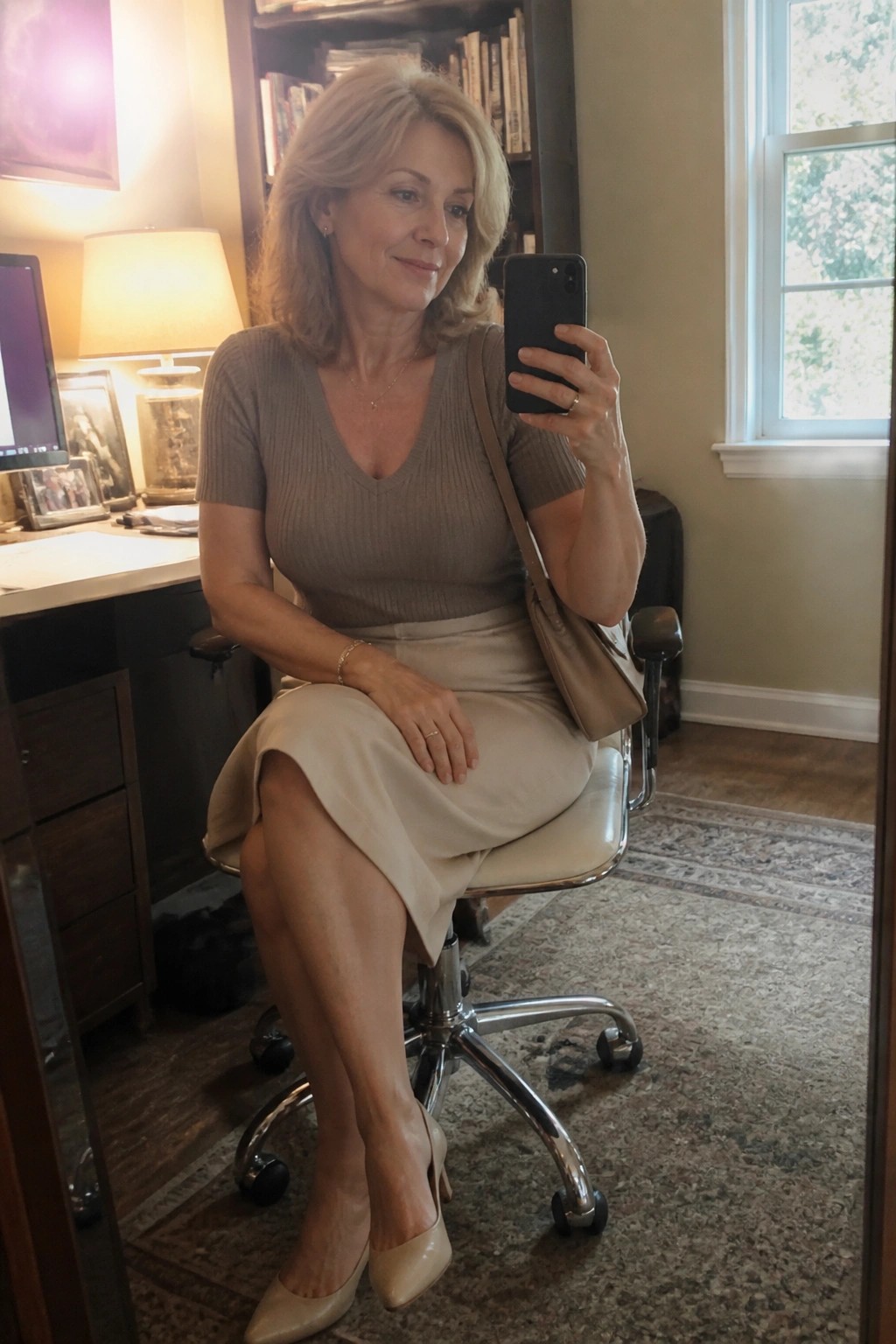 Blonde woman in beige sweater and skirt taking selfie in office chair