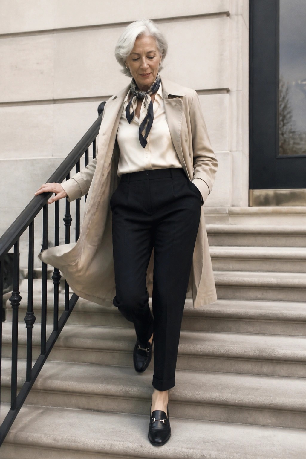 Elegant older woman in beige trench coat and black trousers on stone steps.