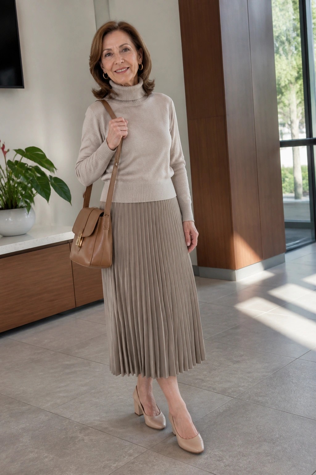 Older woman in beige turtleneck sweater, pleated skirt, and brown handbag in modern lobby