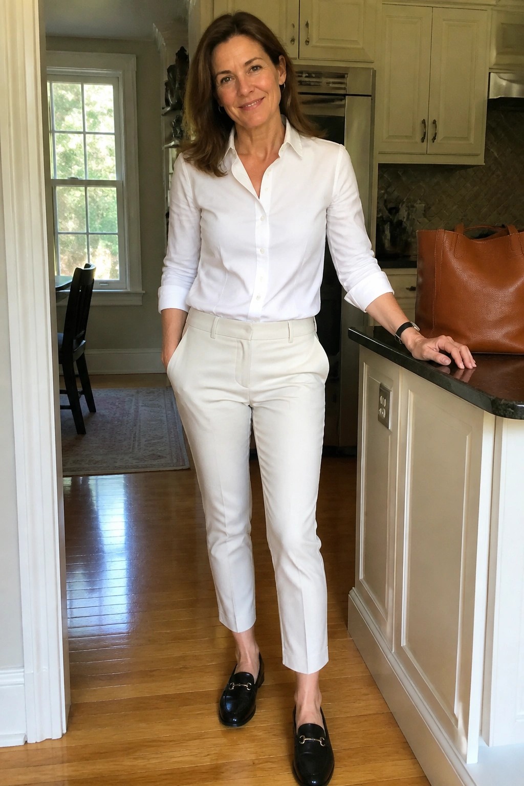 Woman in white shirt and pants with black loafers beside brown tote in kitchen