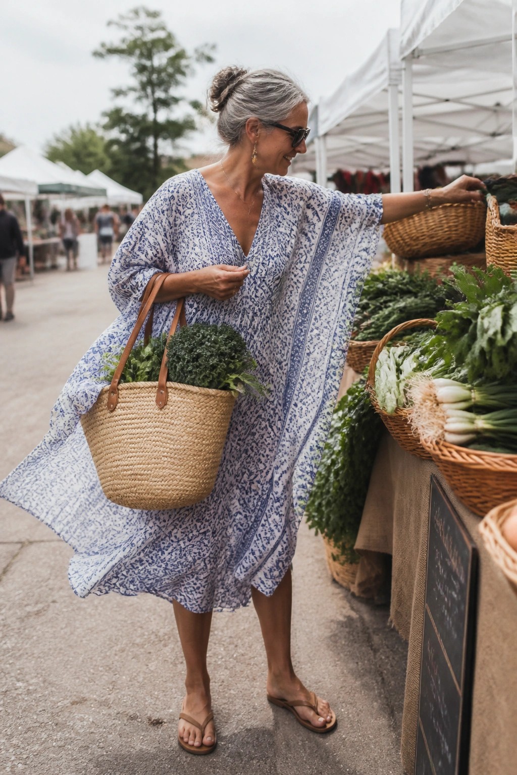 Woman in blue patterned dress with straw basket at farmers market stall