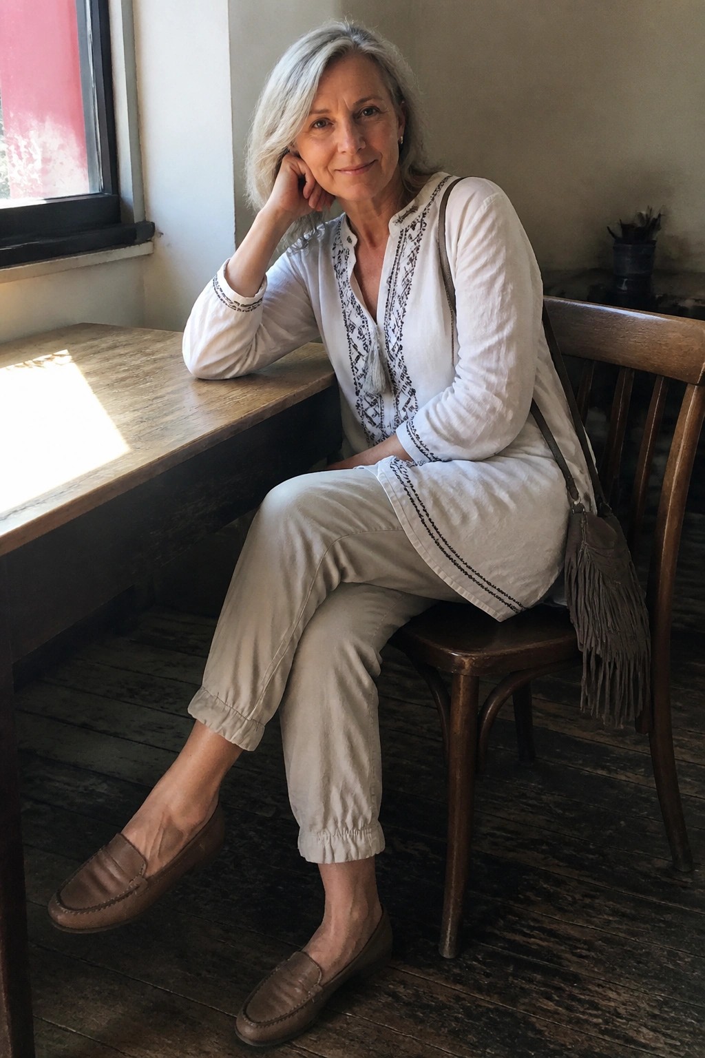 Gray-haired woman in white embroidered tunic and beige pants seated by sunny window