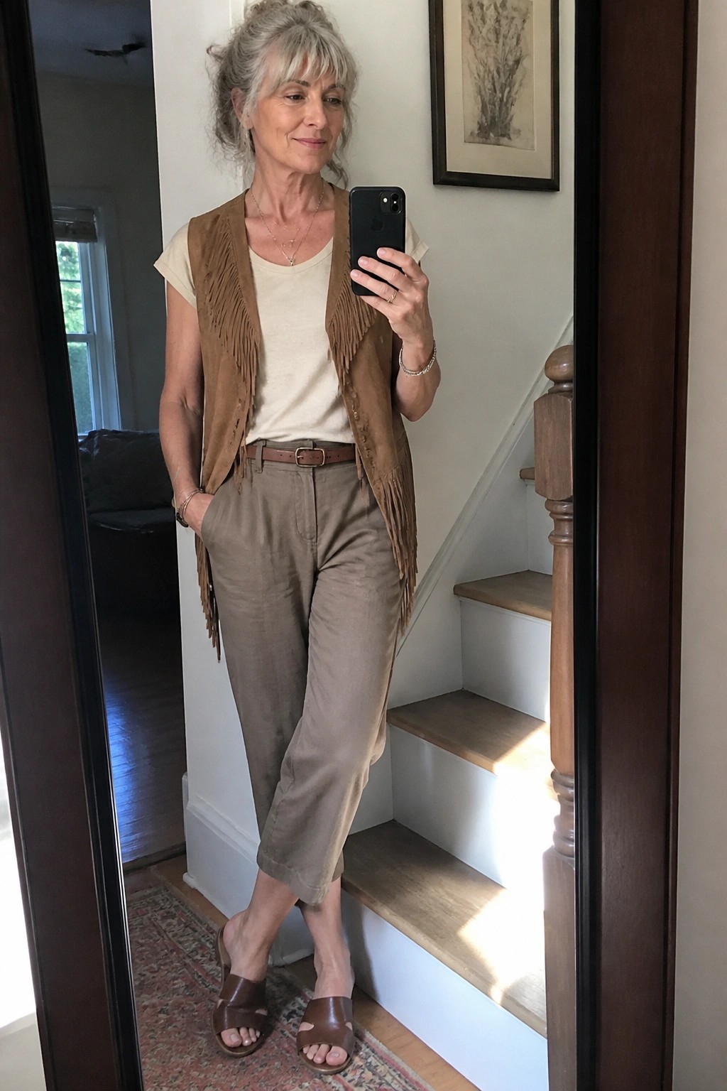 Gray-haired woman in fringed brown vest and beige pants taking mirror selfie by stairs.