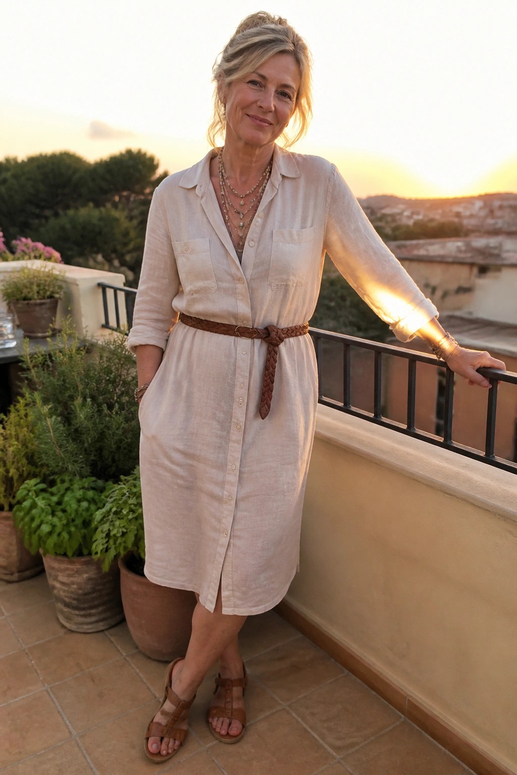 Woman in beige linen shirtdress with braided belt on sunset balcony