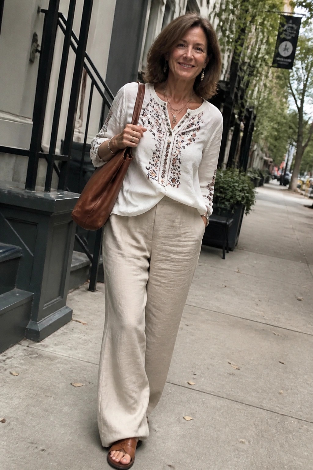 Woman in embroidered white blouse and beige linen pants with brown tote on sidewalk