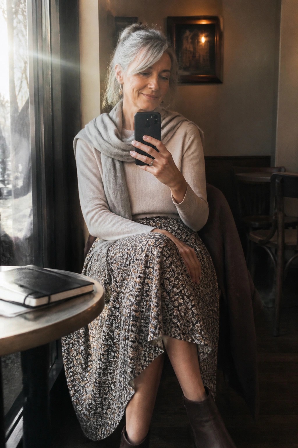 Gray-haired woman in beige sweater and patterned skirt checks smartphone by sunny cafe window