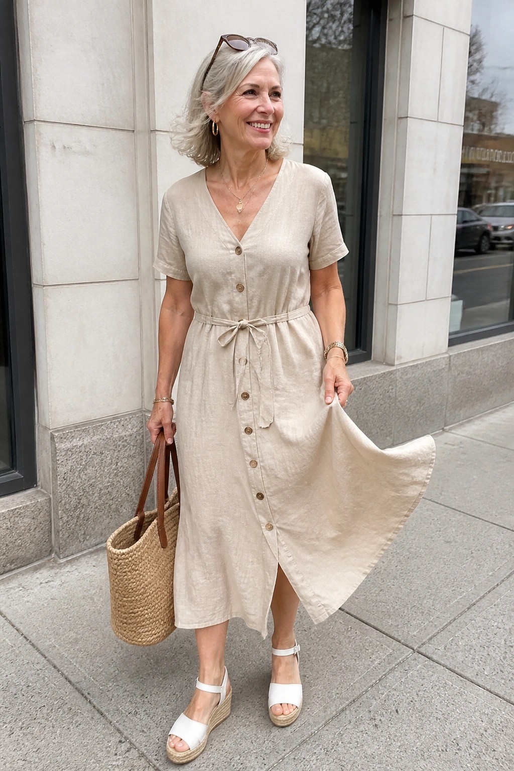 Gray-haired woman in beige button-front linen dress holding straw tote on sidewalk