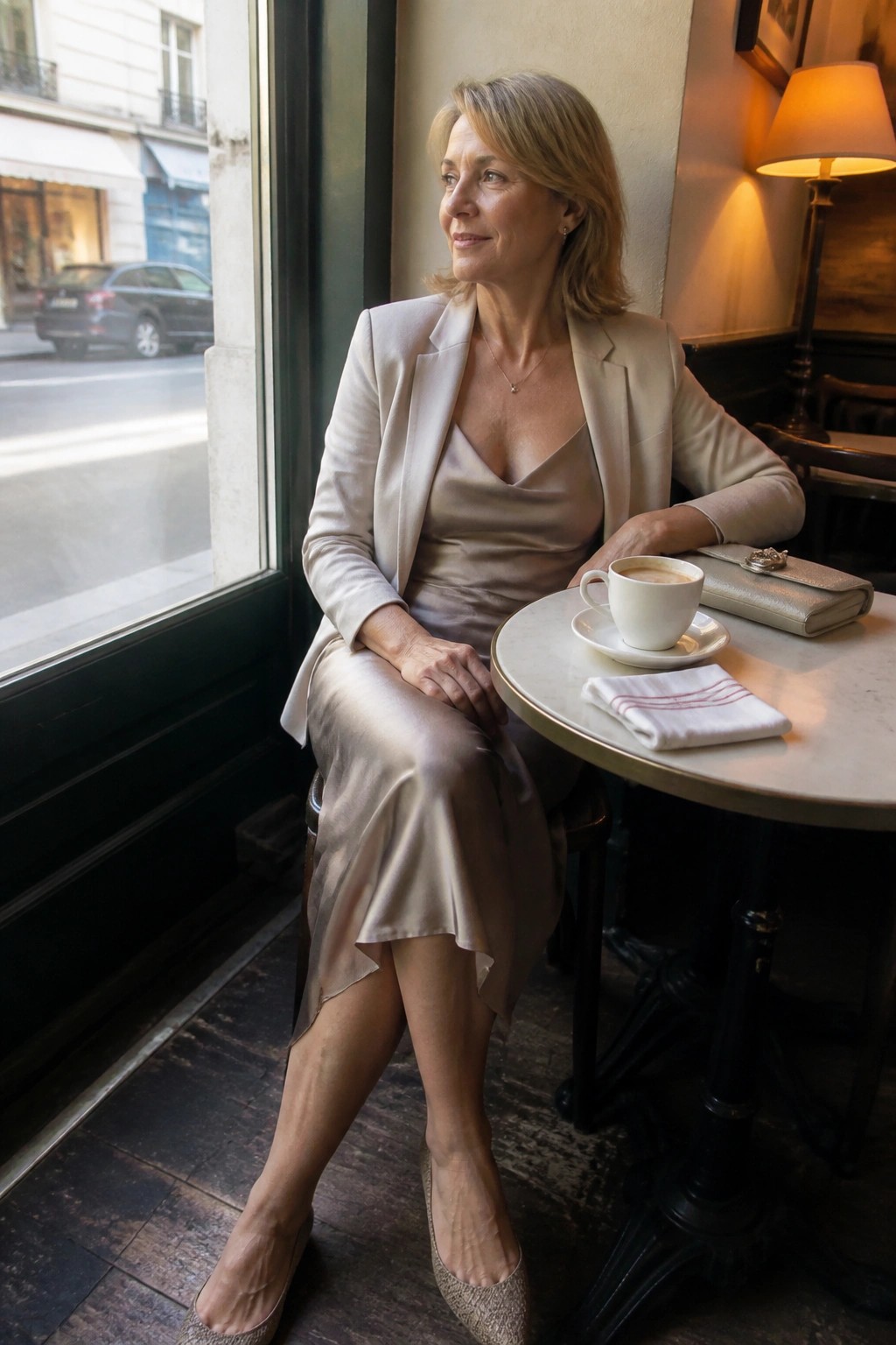 Woman in beige blazer and satin dress at cafe table with coffee by window.