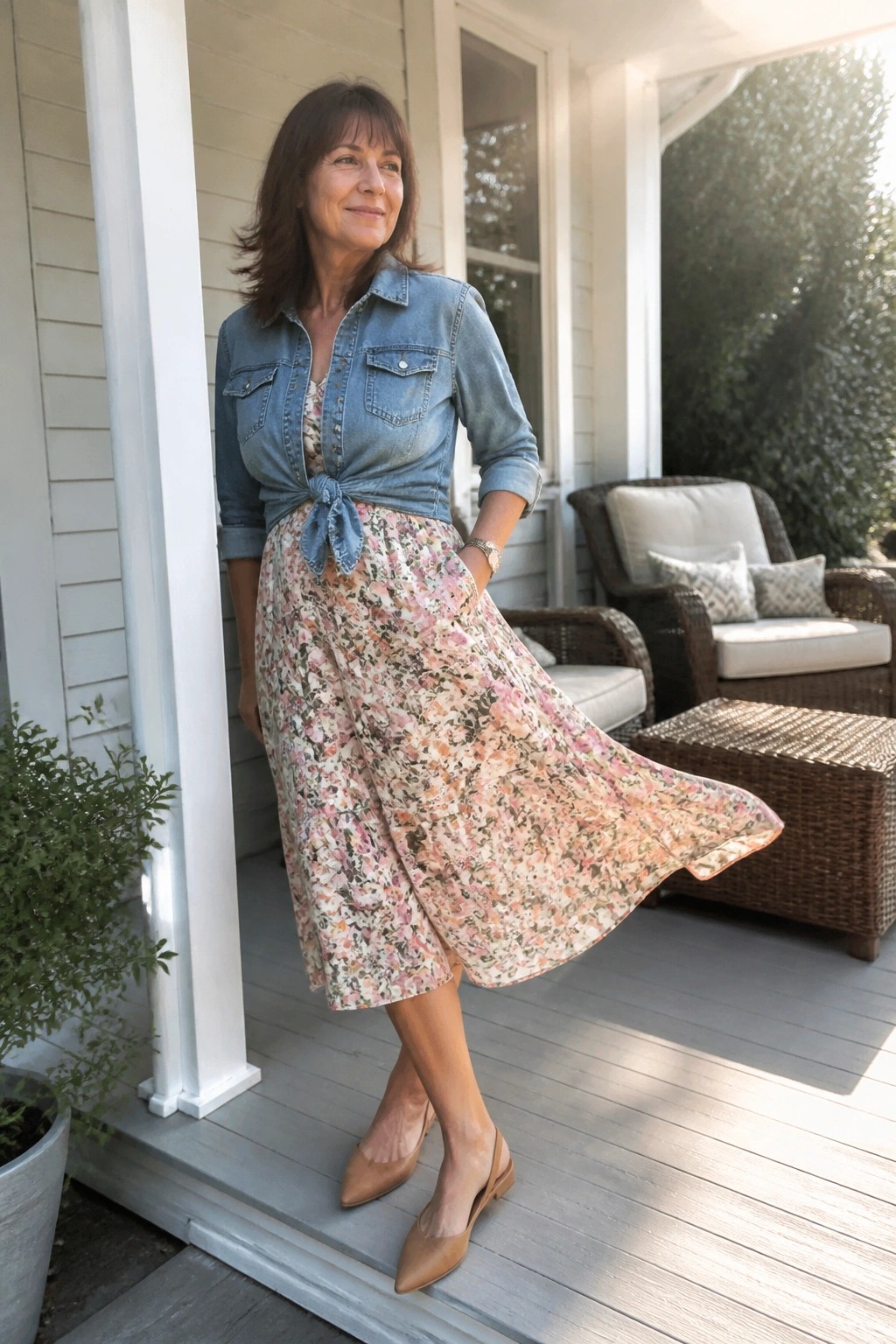 Woman in floral midi dress with tied denim jacket on sunny wooden porch