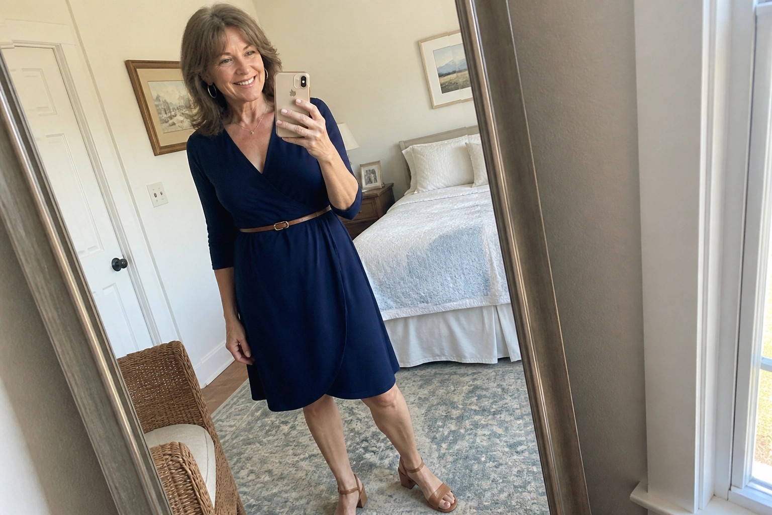 Woman in navy blue wrap dress taking mirror selfie in bedroom