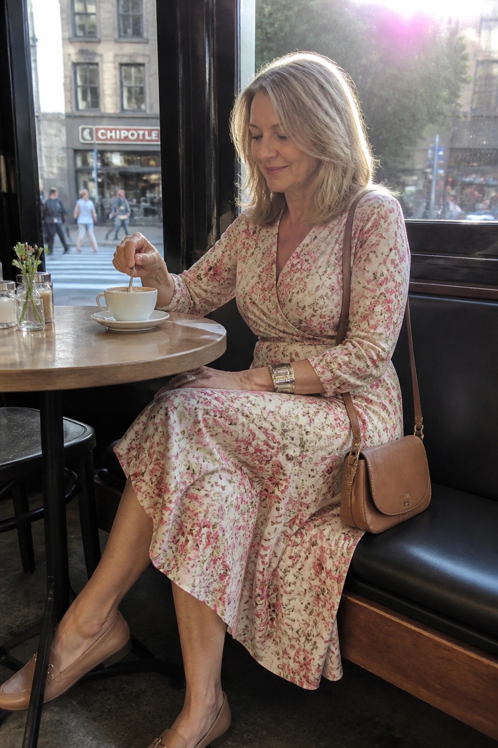 Woman in floral dress stirs coffee at sunny cafe window table