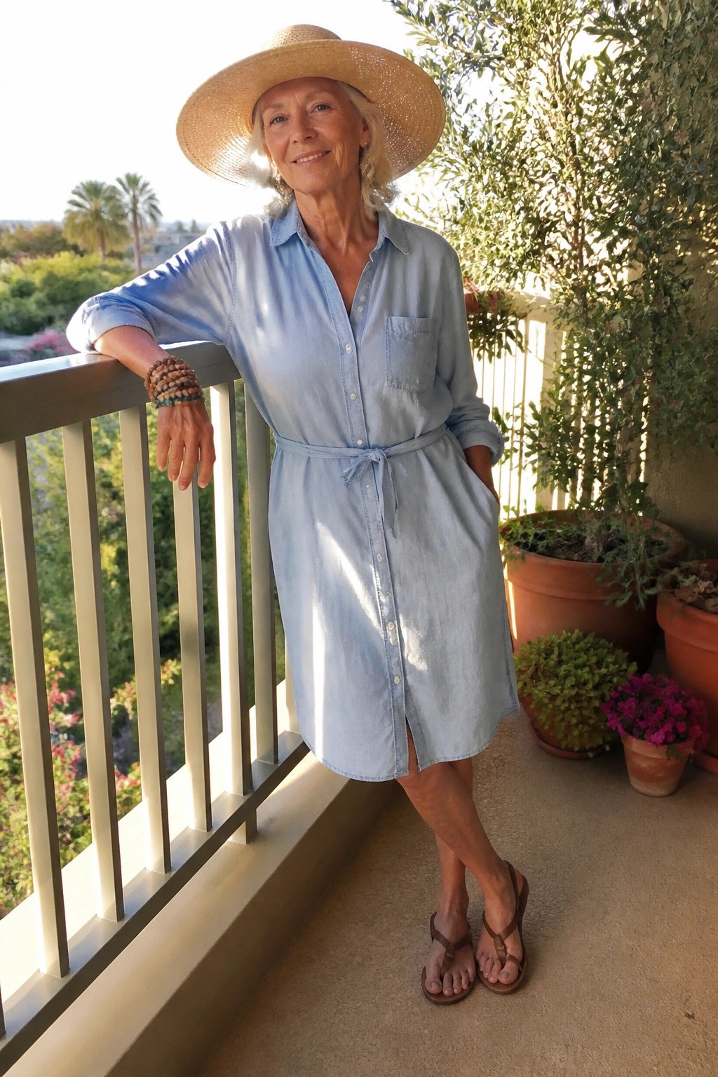 A woman over 50 in a light blue chambray shirt dress belted at the waist with brown flip flops and stacked bracelets.