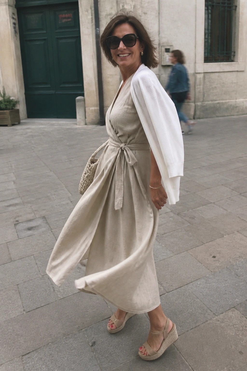 Woman in flowing beige wrap dress with white cardigan on city street