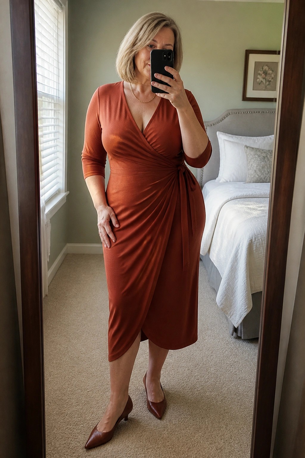 Woman in a rust wrap midi dress with three quarter sleeves and a side tie, paired with brown pointed toe heels and a thin gold necklace, taking a mirror selfie
