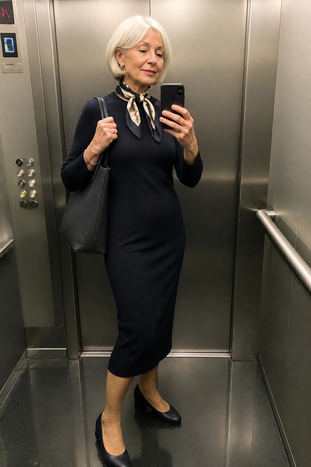 White-haired woman in navy dress and scarf taking selfie in elevator