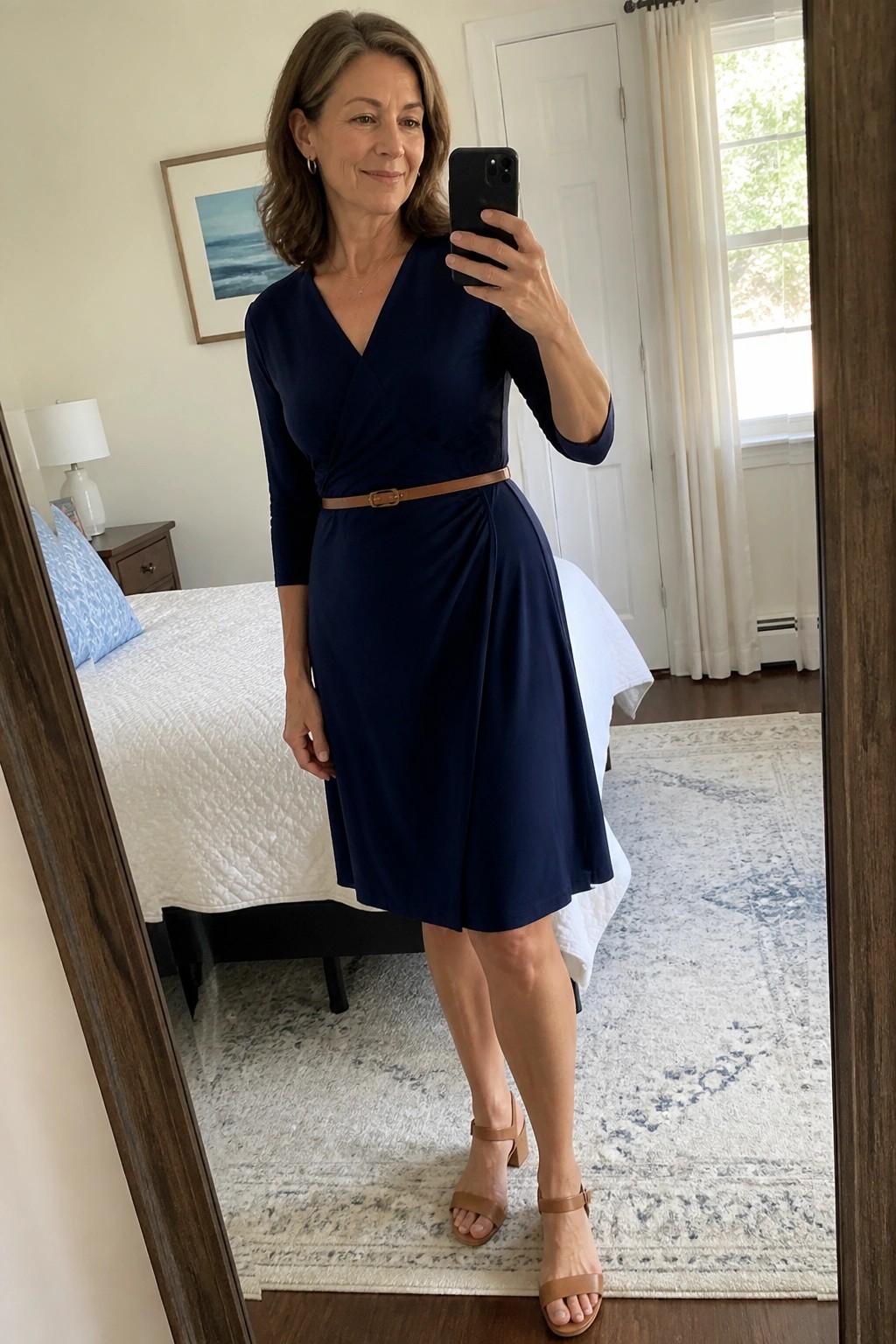 Woman in navy blue wrap dress taking mirror selfie in bedroom