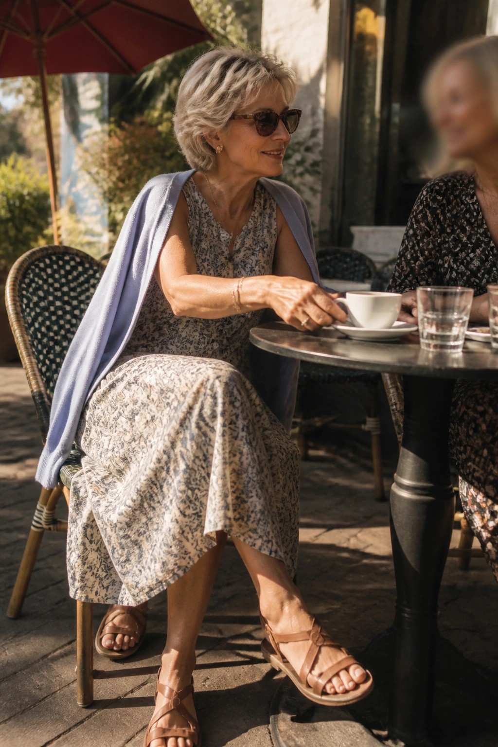 Gray-haired woman in patterned dress and light blue shawl at outdoor cafe table
