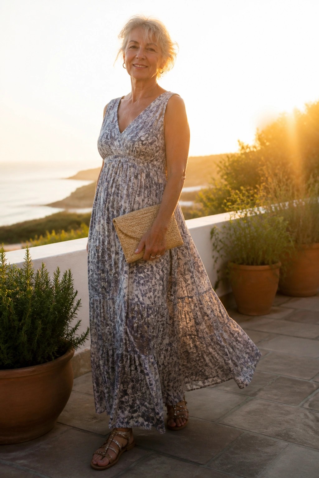 Smiling older woman in floral maxi dress holding woven clutch on ocean-view terrace at sunset
