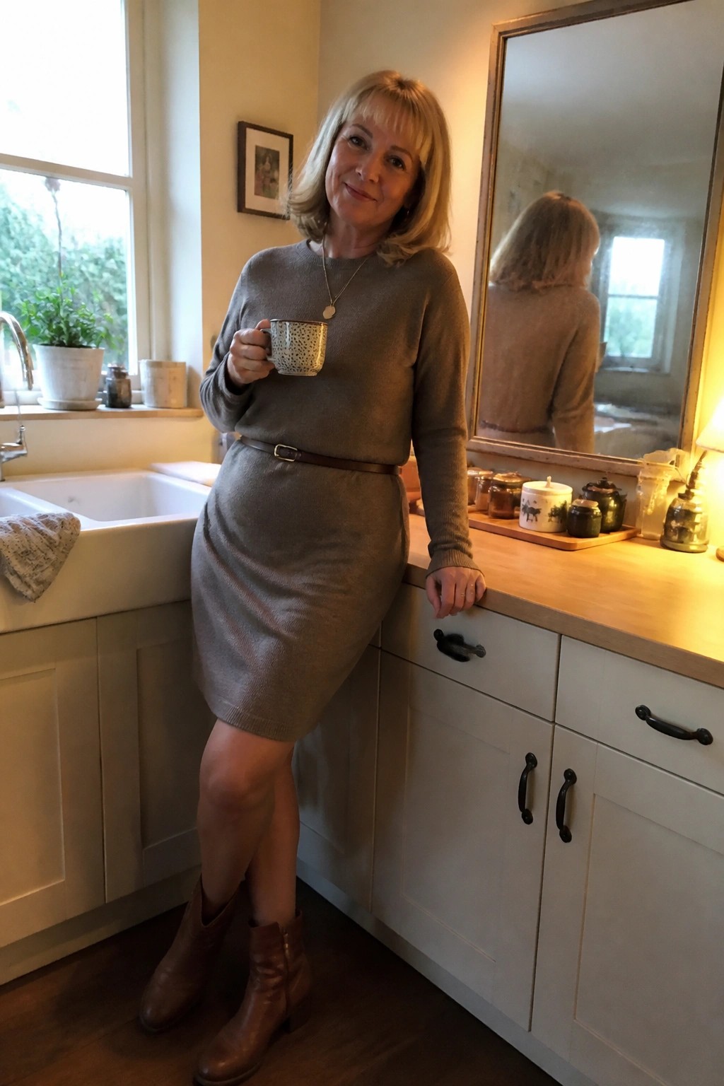 Blonde woman in gray knit dress and brown boots holds mug in kitchen