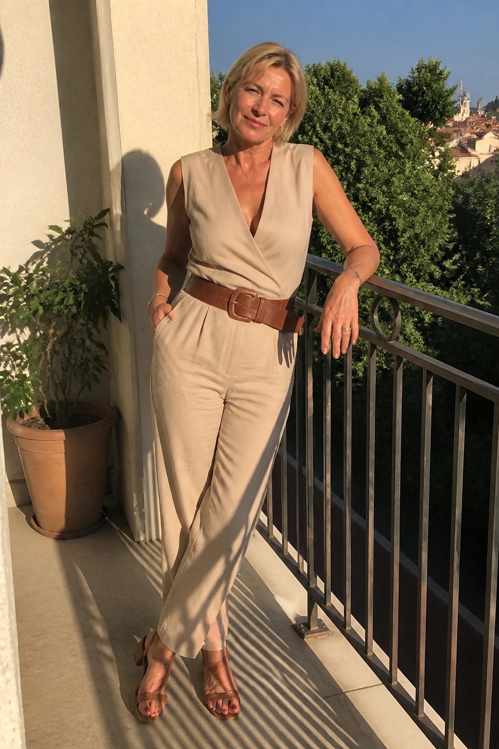 Blonde woman in beige V-neck jumpsuit and brown belt on sunny balcony